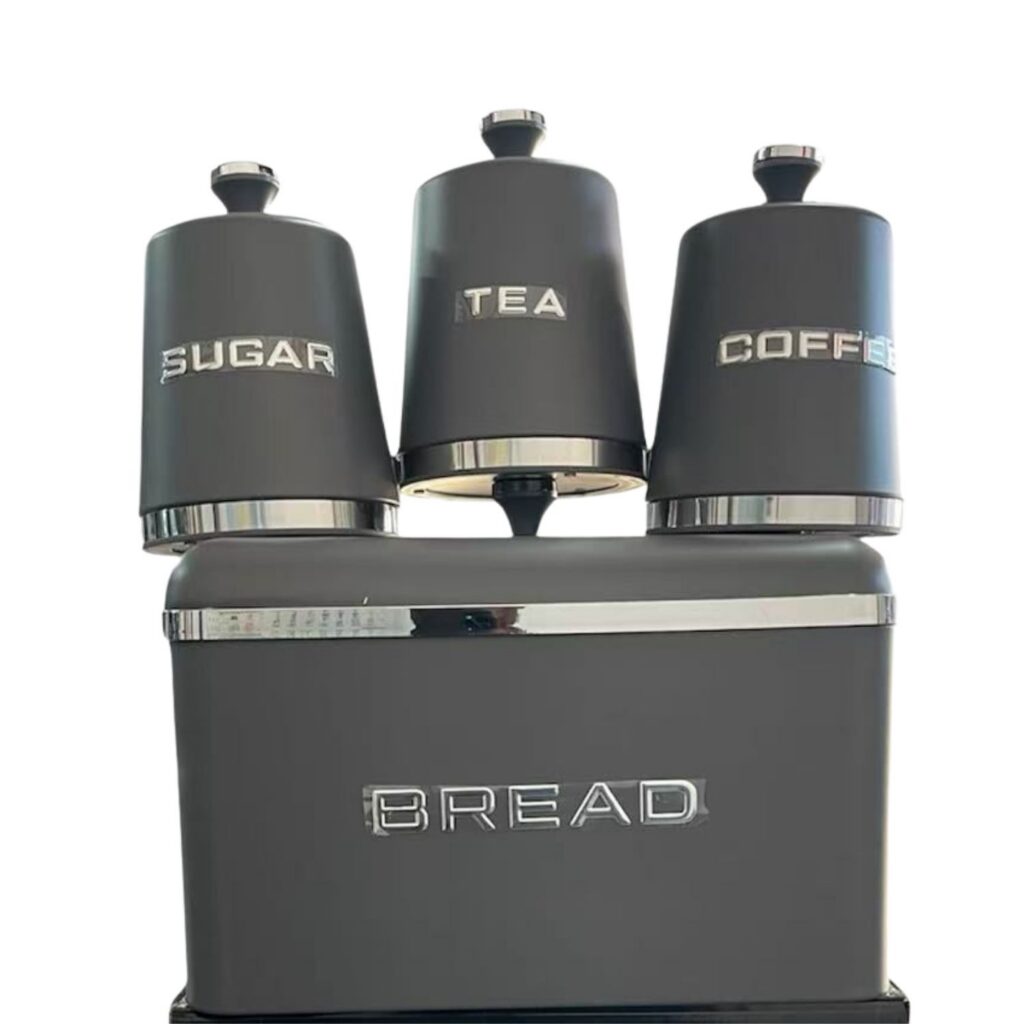 4 piece matte grey kitchen storage set bread bin & tea, coffee, sugar canisters