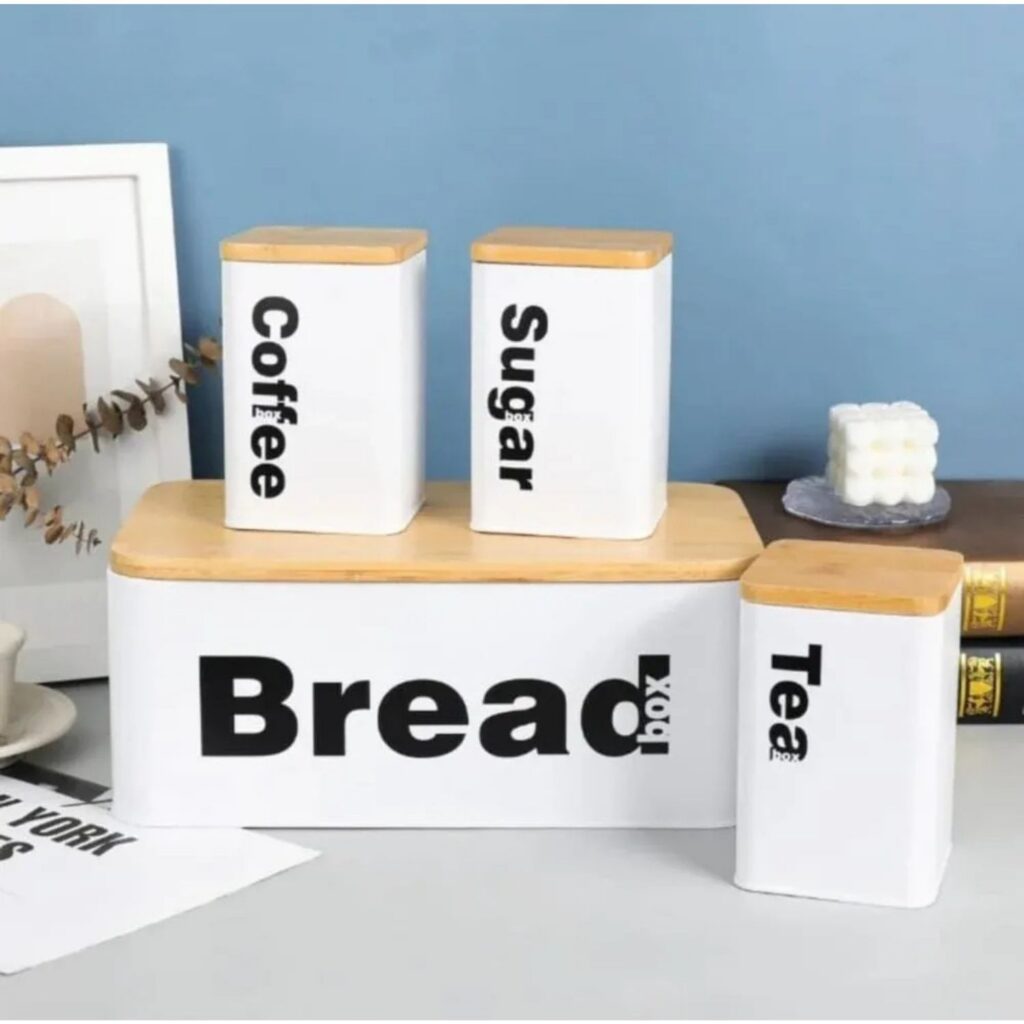 elegant white bread box with tea, coffee, and sugar 4 piece kitchen storage canister set