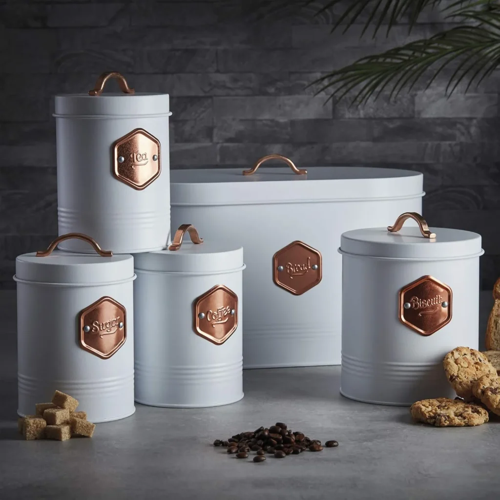5 piece white metal kitchen storage container canister set with copper detailing