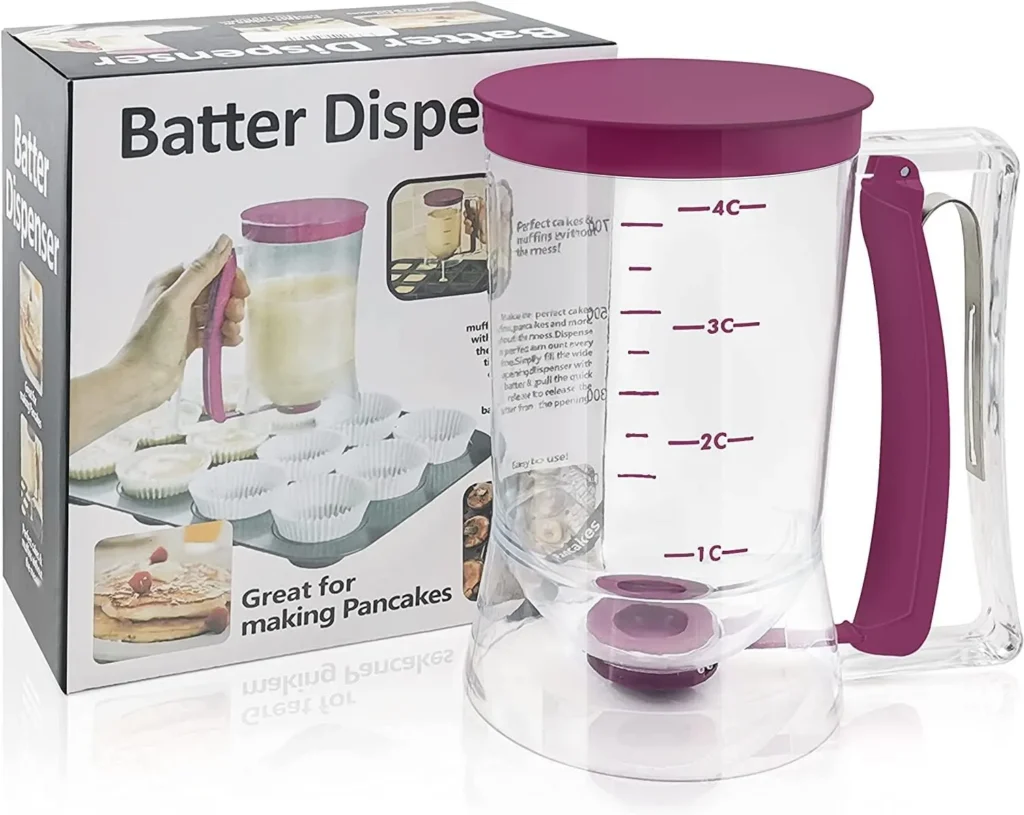 pancake and cupcake batter dispenser with quick release squeeze handle and integrated measuring labels