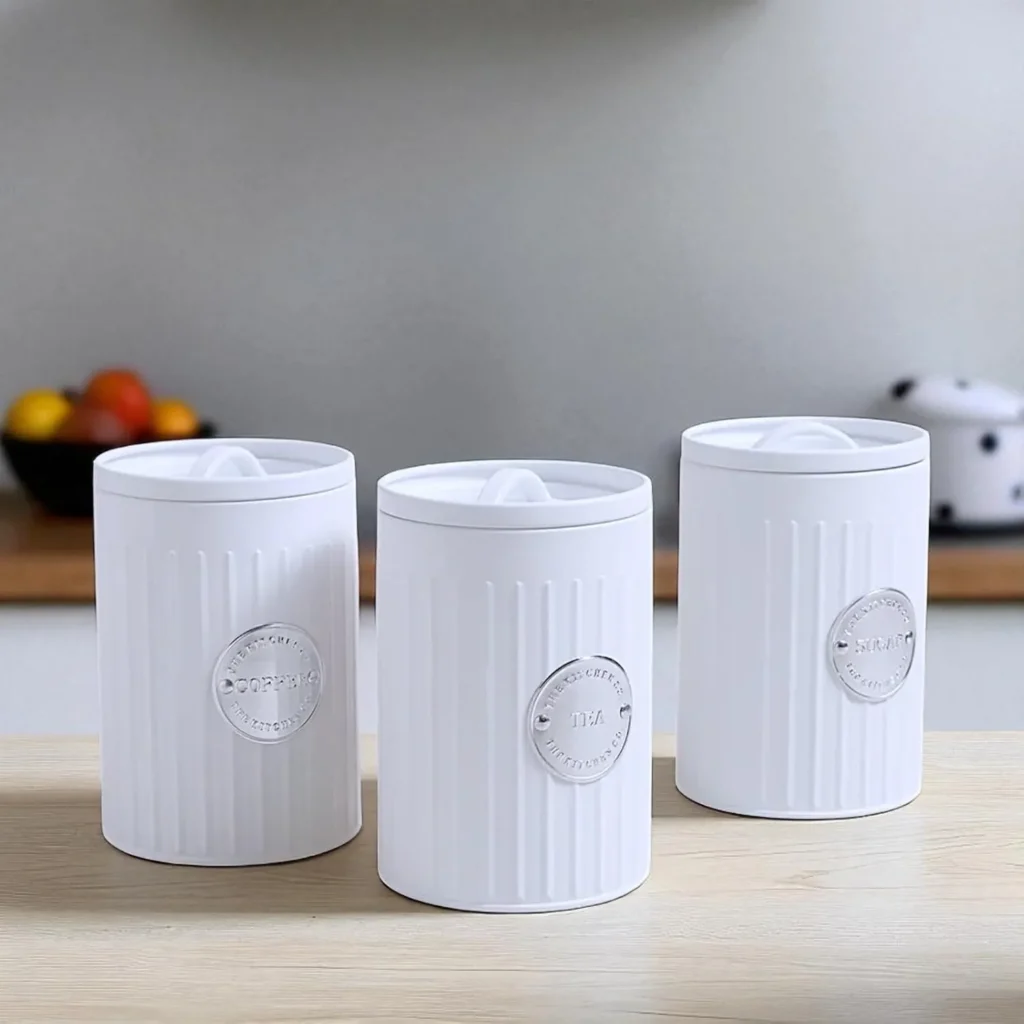 3 piece matte white metal canister set with built in handles vintage ribbed tea, coffee, and sugar kitchen storage jars