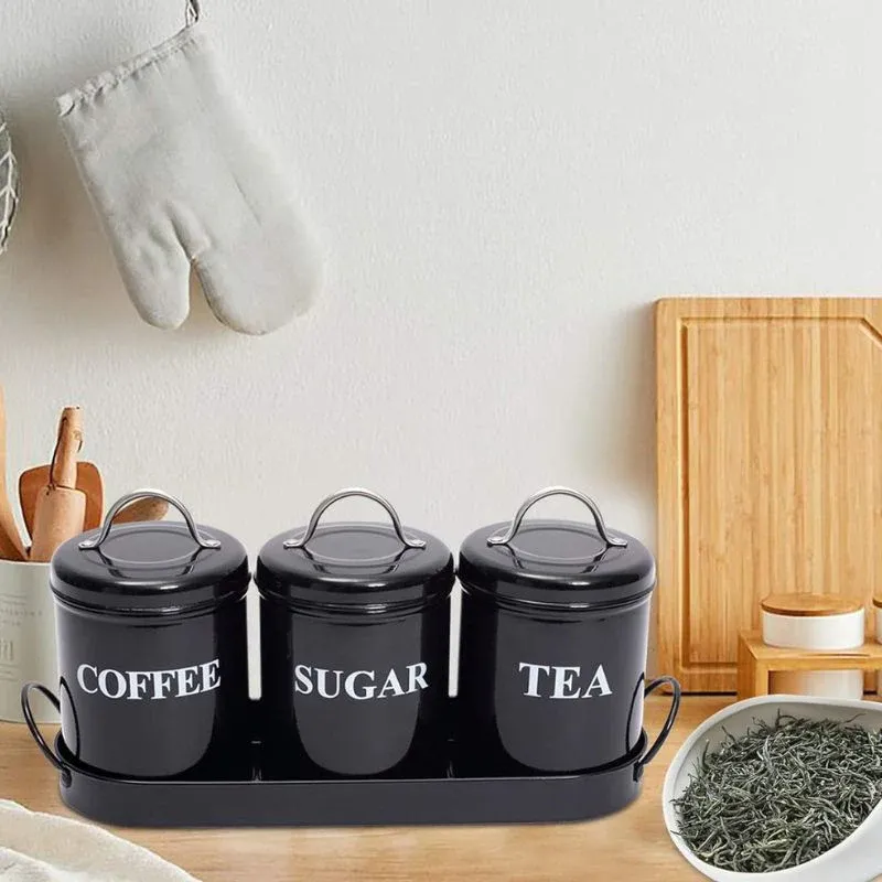 3 piece vintage retro farmhouse metal canister set with matching holding tray coffee, tea, and sugar storage containers